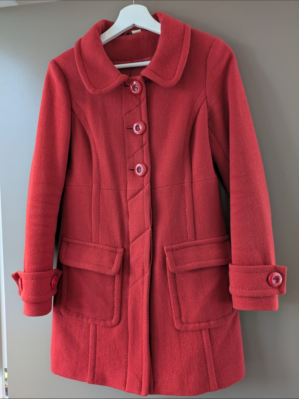 H&M Divided Red Wool-Blend Button Front Pea Coat Twee Coquette Small